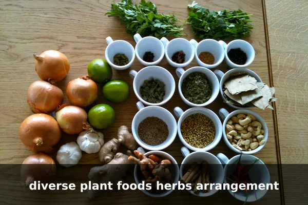 diverse plant foods herbs arrangement