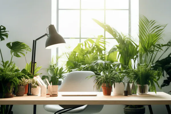 assorted indoor plants displayed in home office and living room